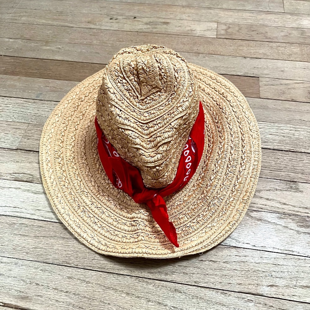 Straw Hat with Red Bandana Tie